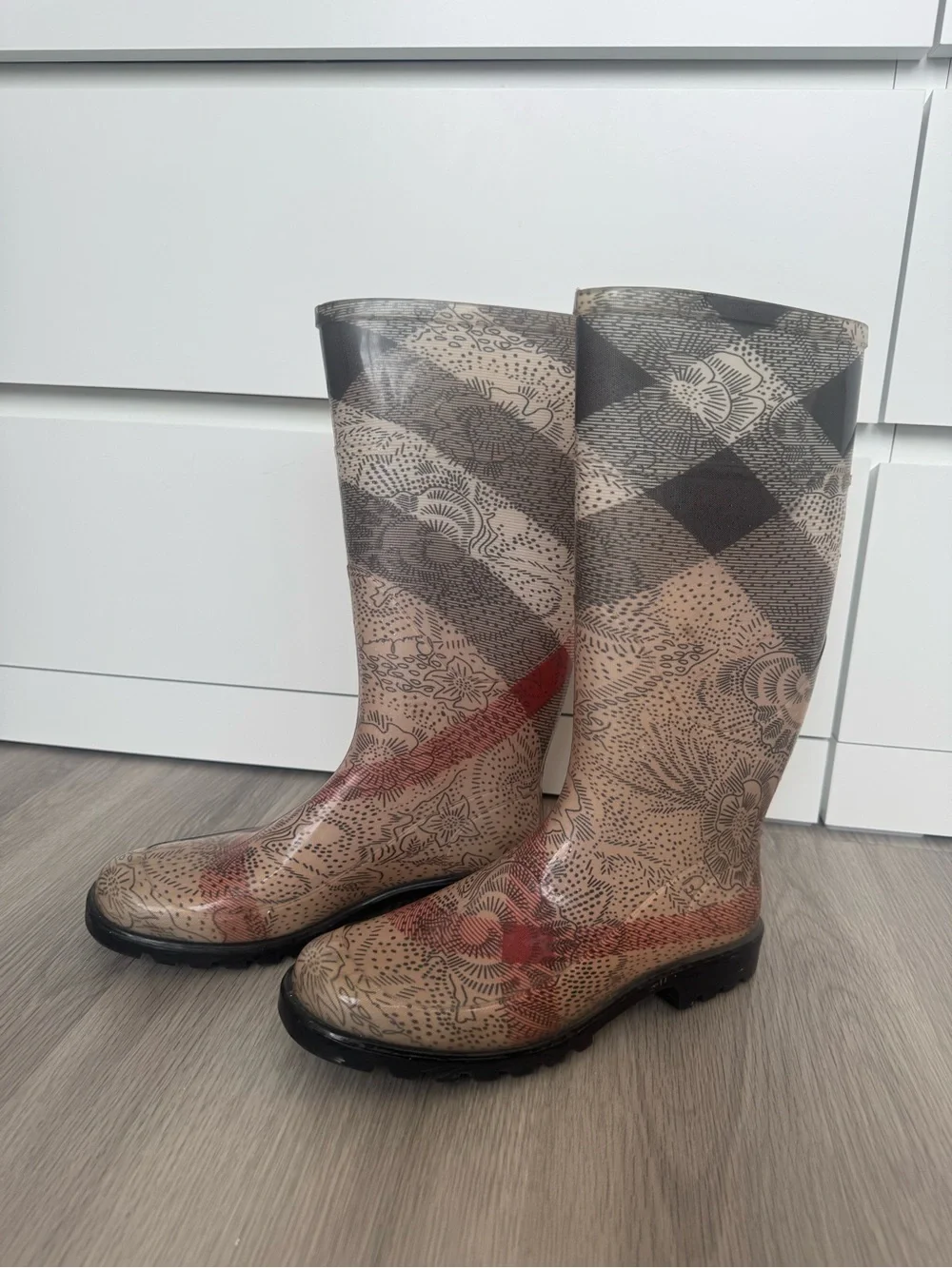 Burberry Beige and Black Patterned Tall Rain Boots